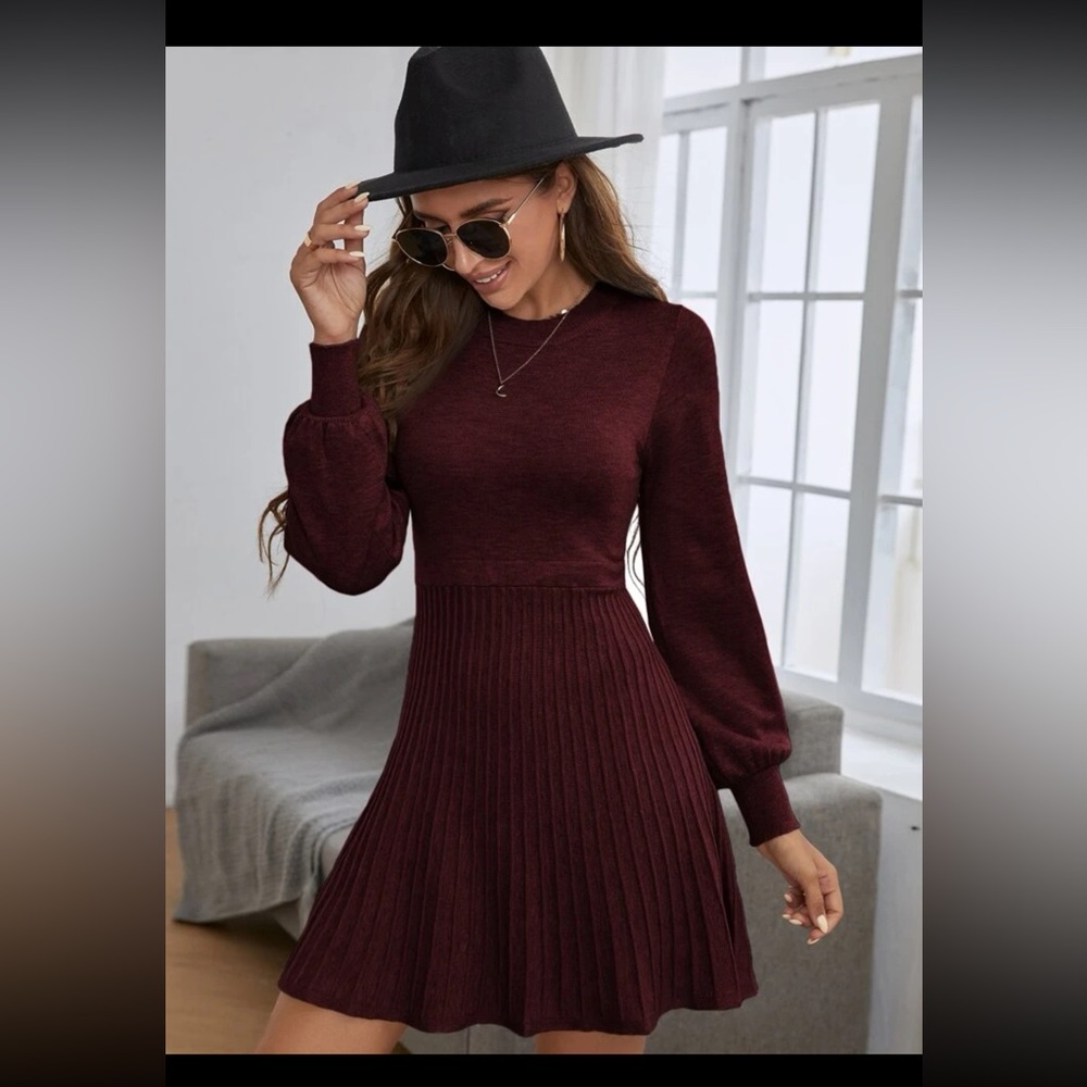 SHEIN Frenchy Lantern Sleeve Ribbed Knit Sweater Dress